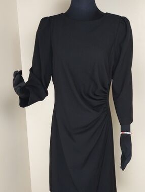 Anne Klein Black Long Sleeve Ruched Side Midi Dress Crew Neck Size 12